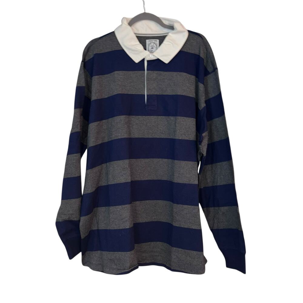 Vintage 80s Lands End Rugby Shirt Block Striped Blue Gray Preppy Sporty